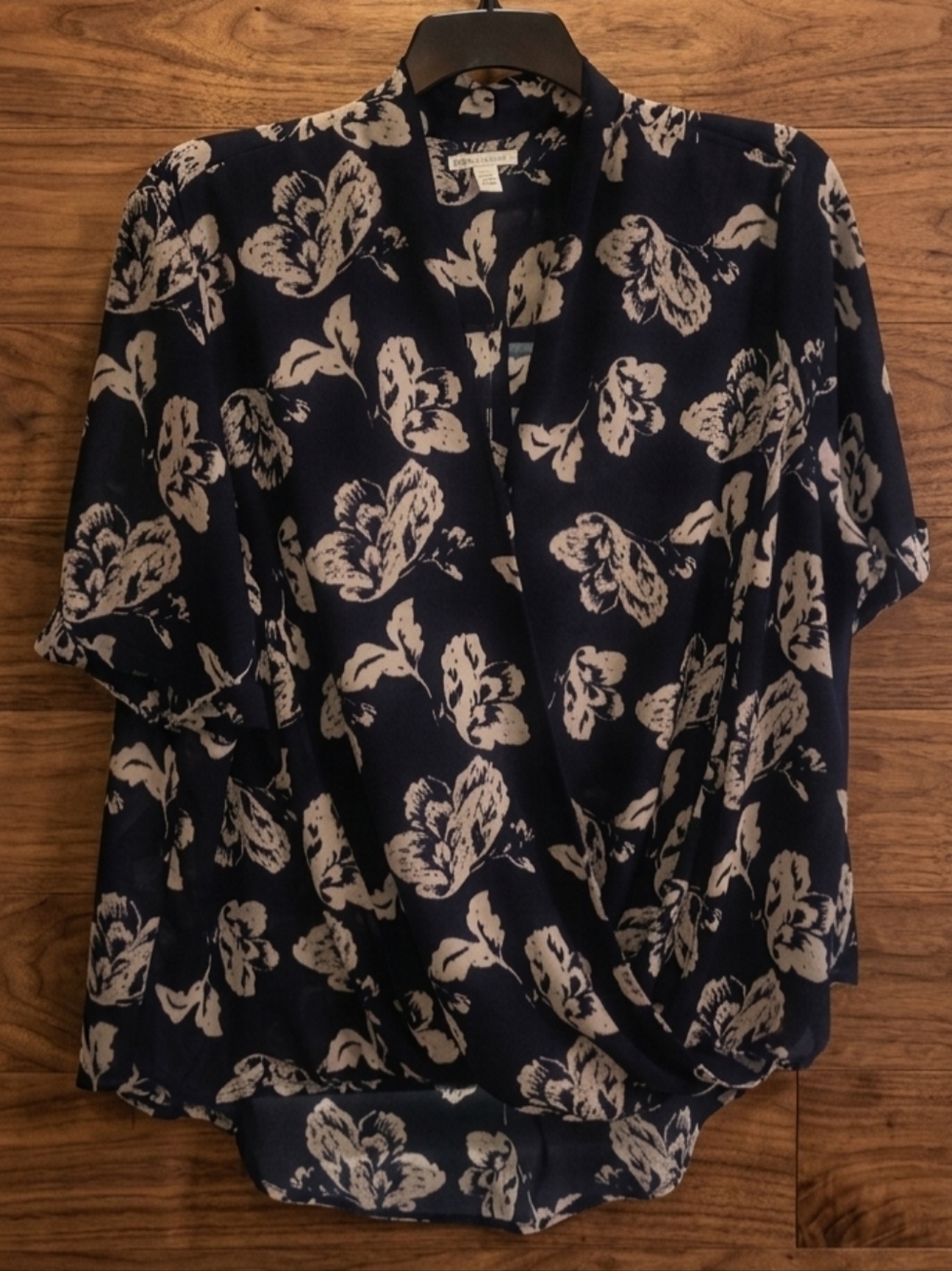 Cato Black Floral Short Sleeve Blouse with Cream Flowers